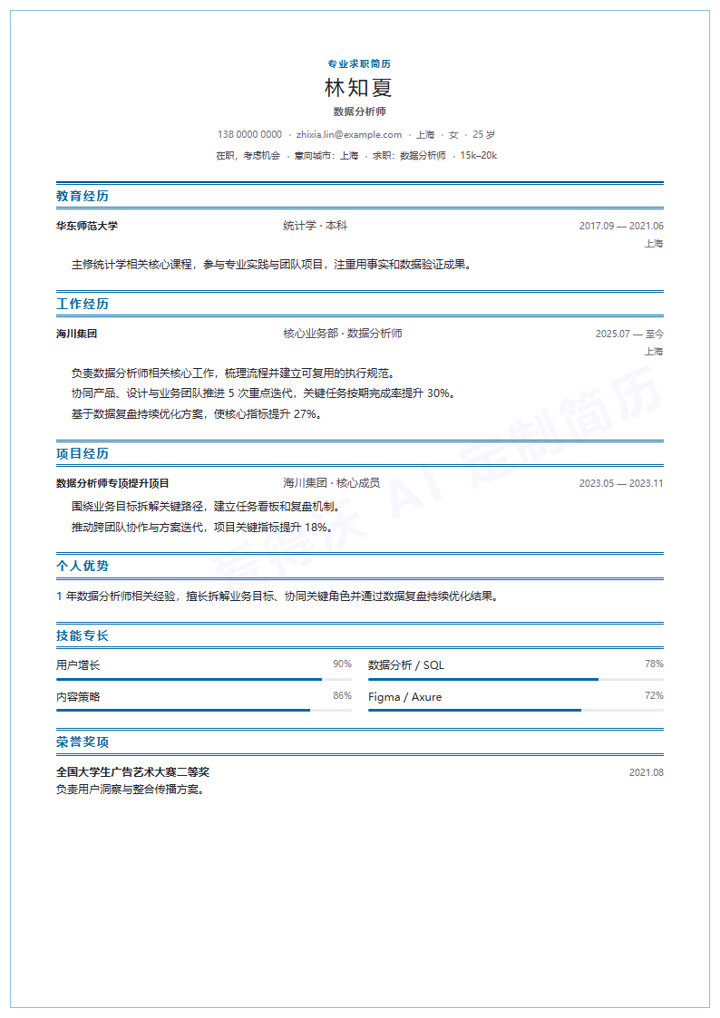 数据分析师 · 初级简历模板预览