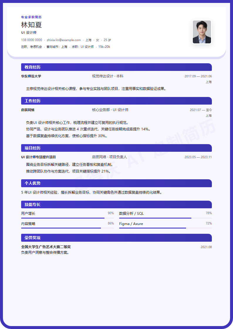 UI 设计师 · 资深圆角深蓝简历模板完整预览