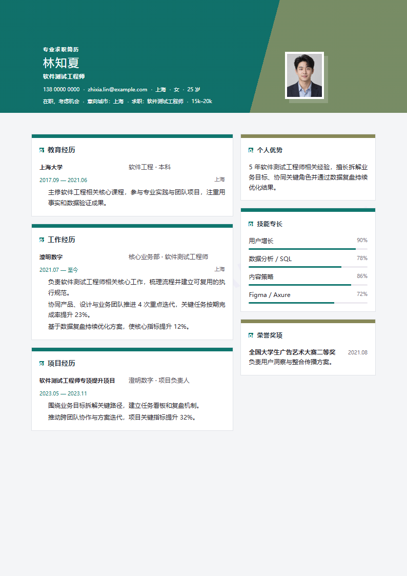 软件测试工程师 · 资深包豪斯网格简历模板完整预览