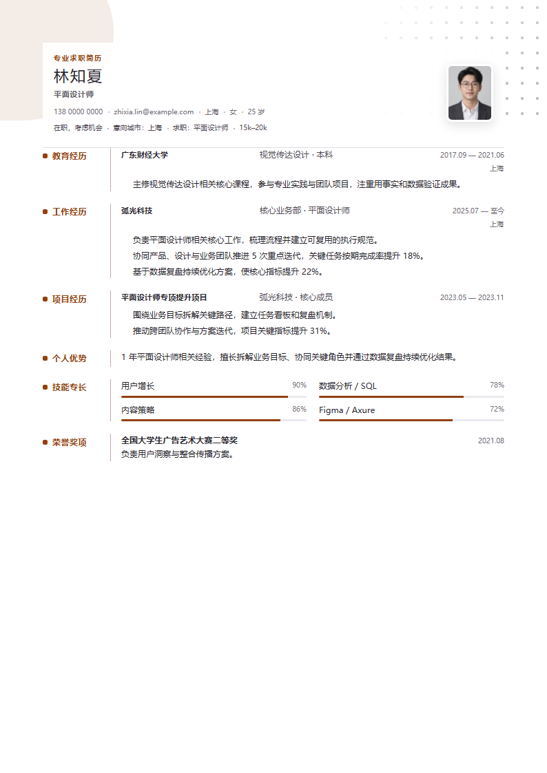 平面设计师 · 初级薄荷节点简历模板完整预览