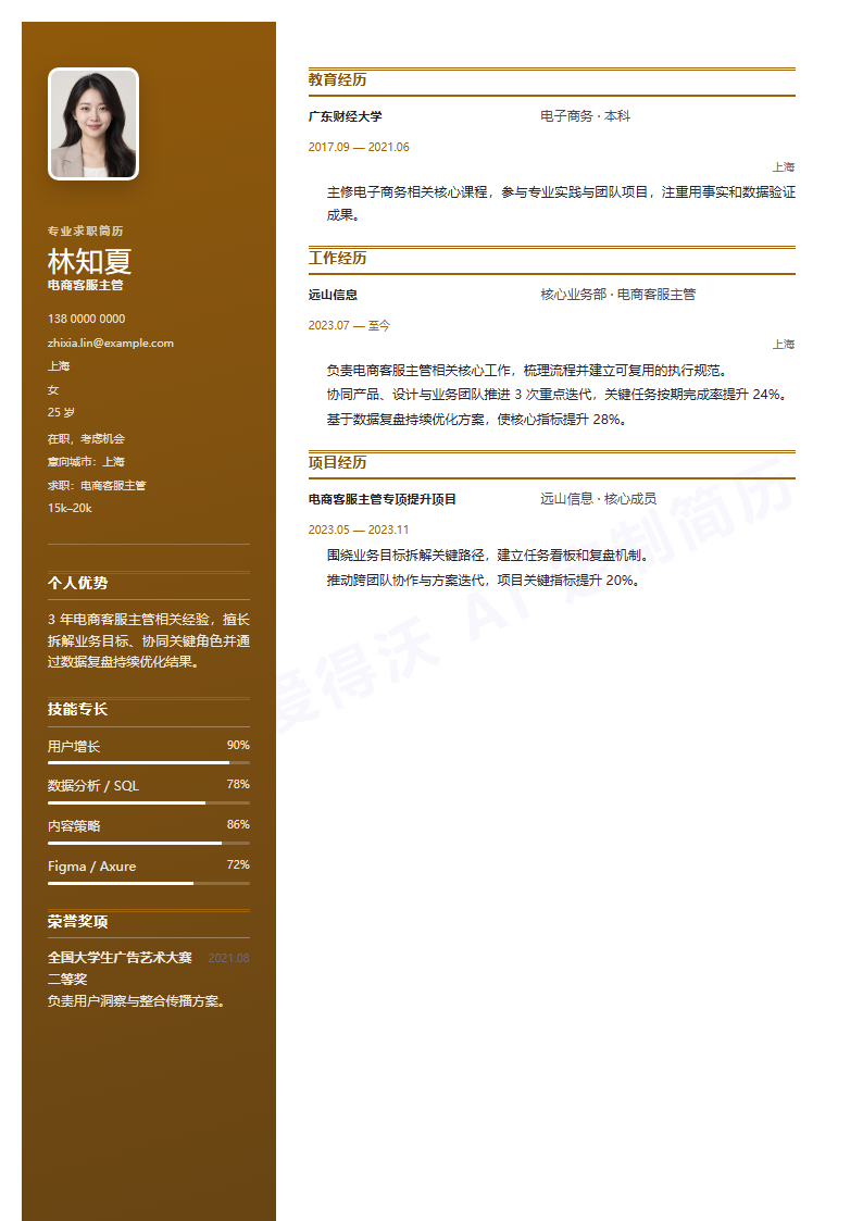 电商客服主管侧栏名片简历模板完整预览