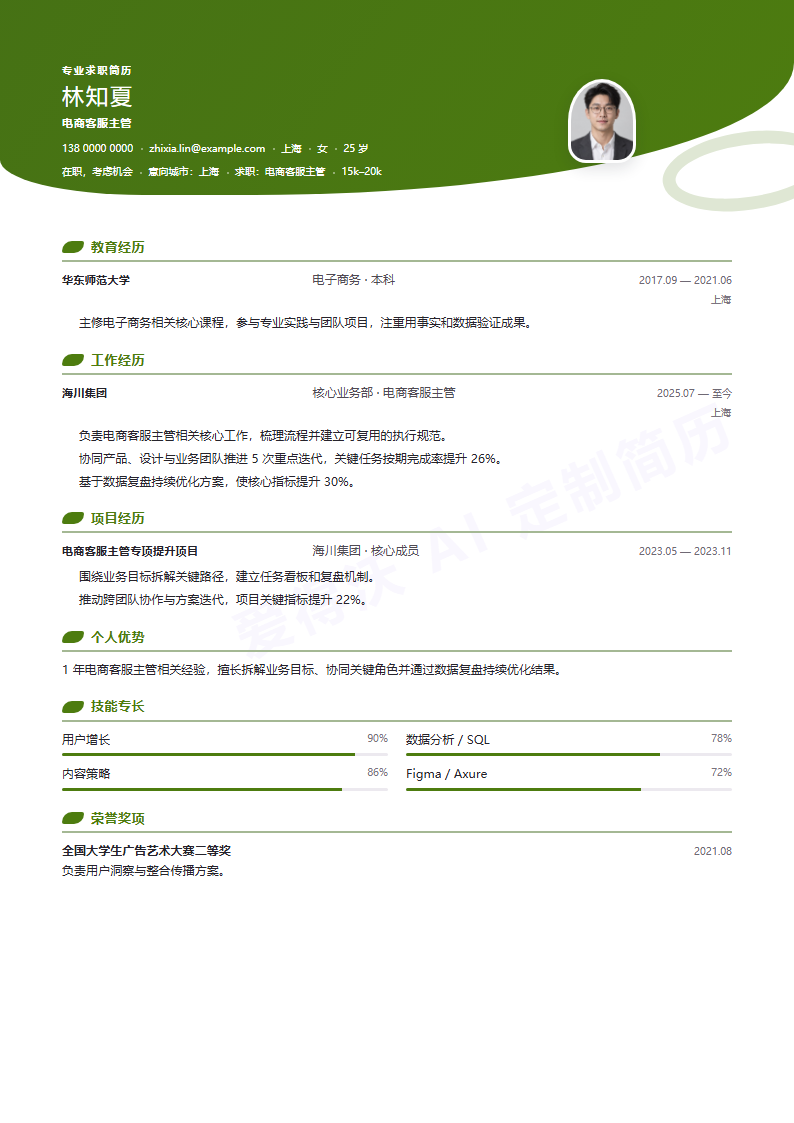 电商客服主管 · 初级流线海湾简历模板完整预览