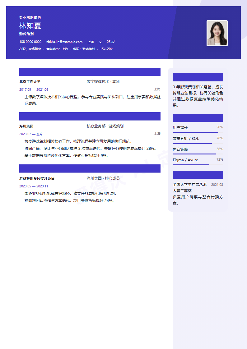国内简历样式示例