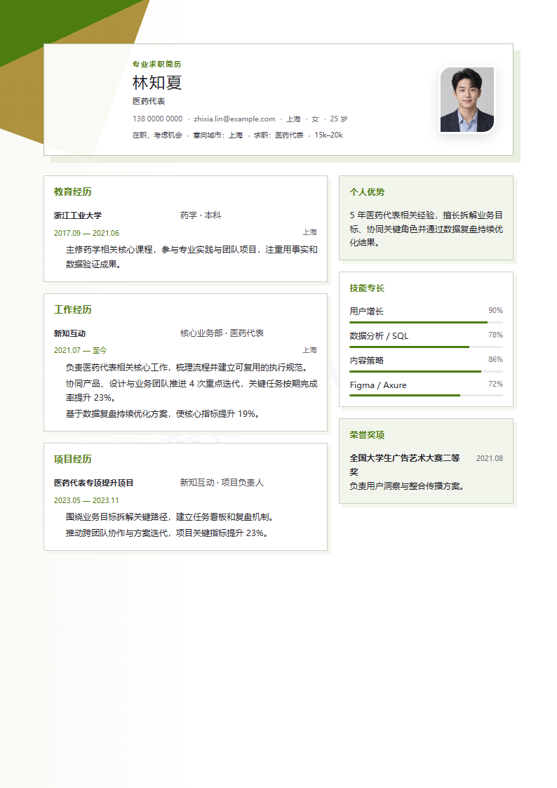 医药代表 · 资深色块矩阵简历模板完整预览