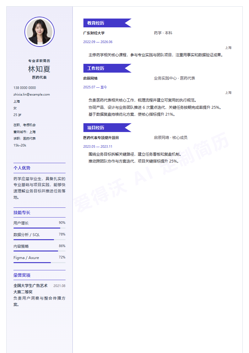 医药代表 · 校招雅青徽章简历模板完整预览