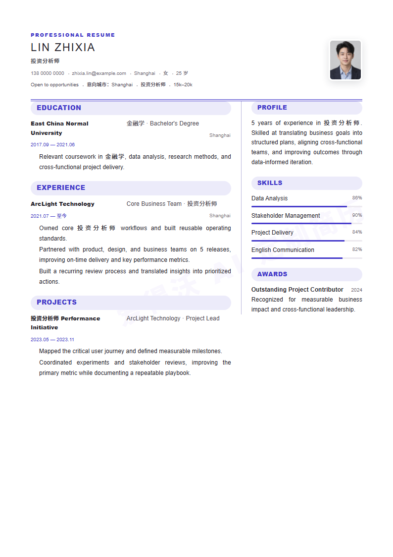 投资分析师 · 资深Consulting Grid简历模板完整预览