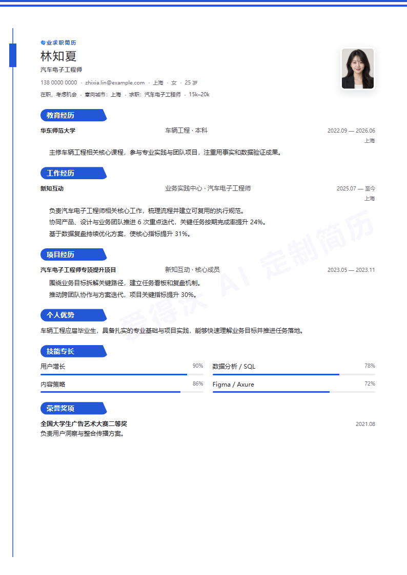 汽车电子工程师 · 校招靛蓝轨道简历模板完整预览