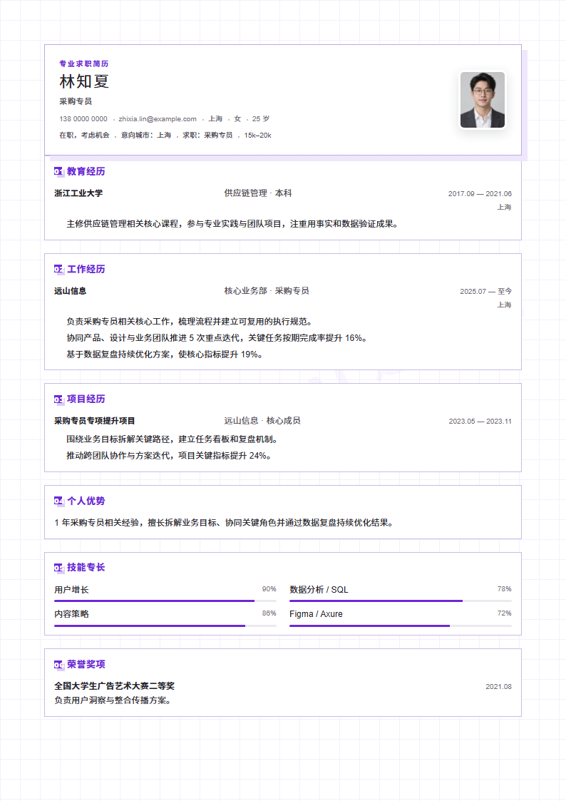 采购专员 · 初级网格图谱简历模板完整预览