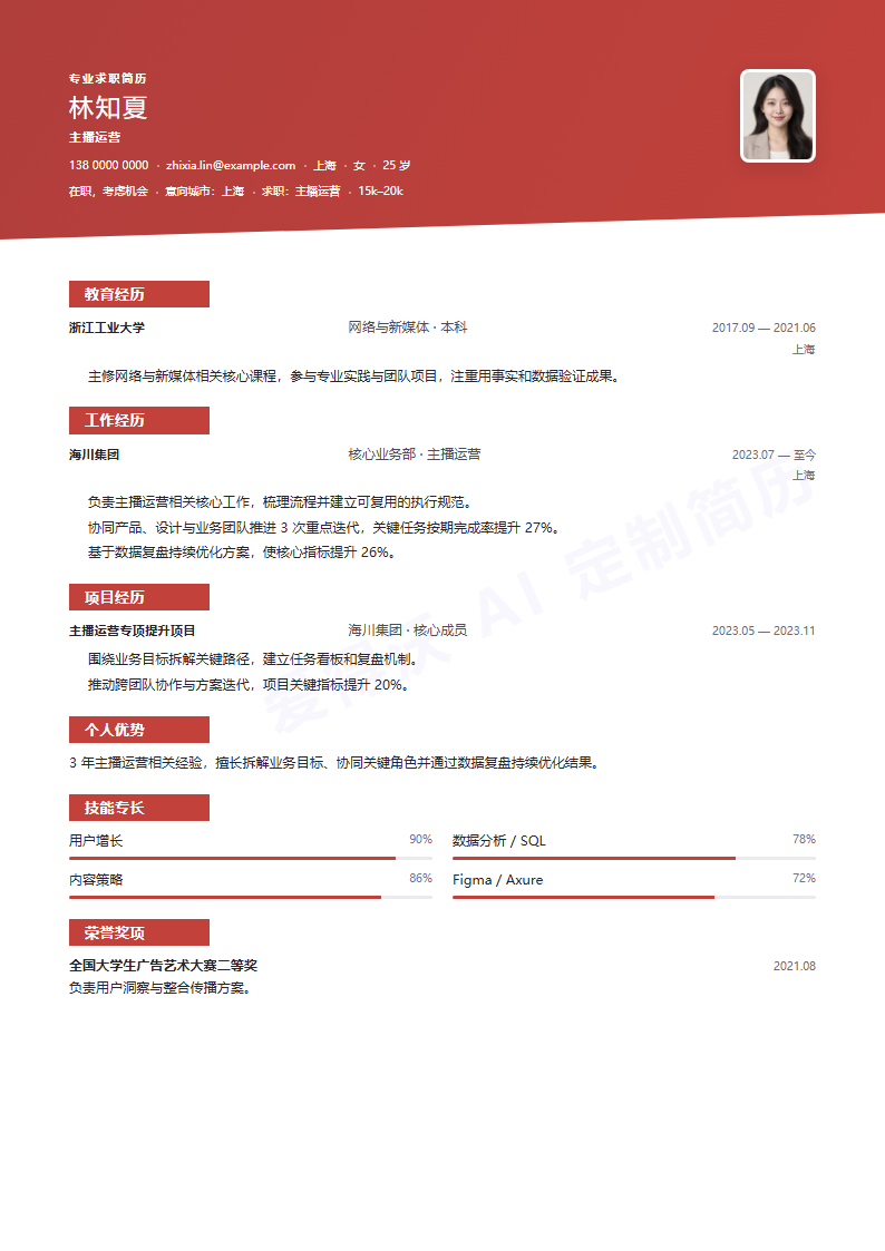 主播运营远峰斜幕简历模板完整预览