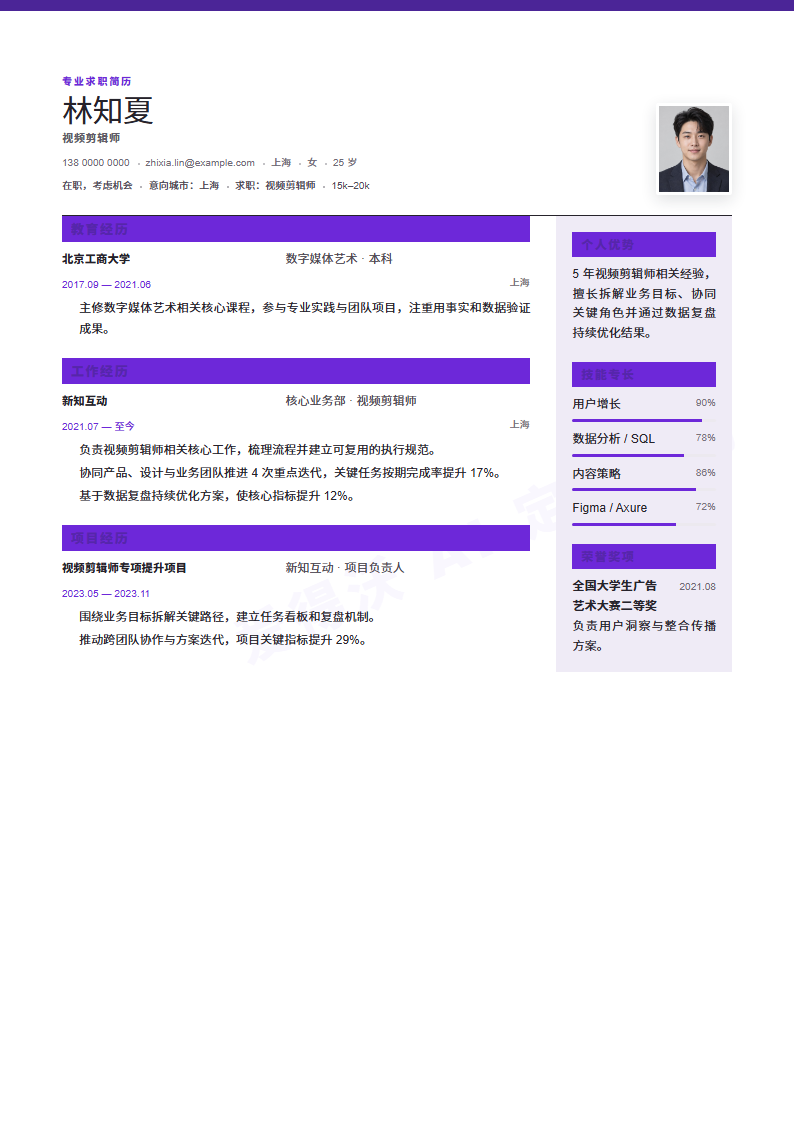 高管履历视频剪辑师 · 资深内容示例