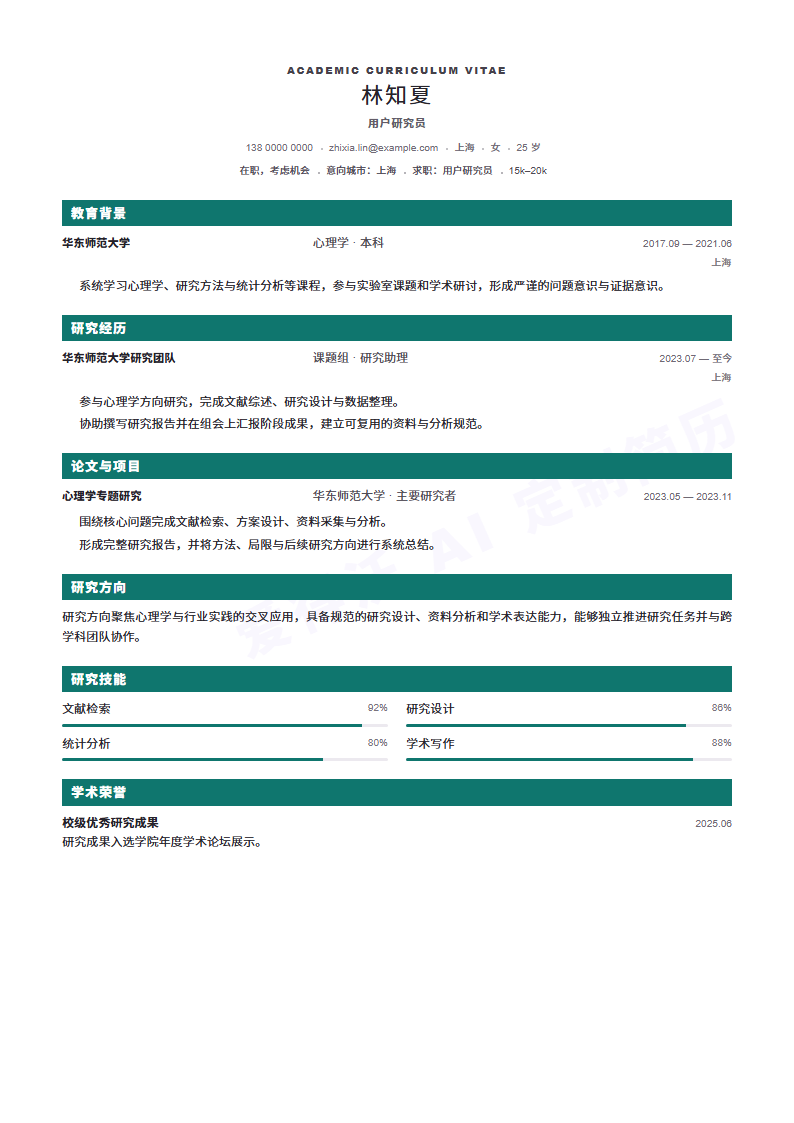 用户研究员Conference CV简历模板完整预览