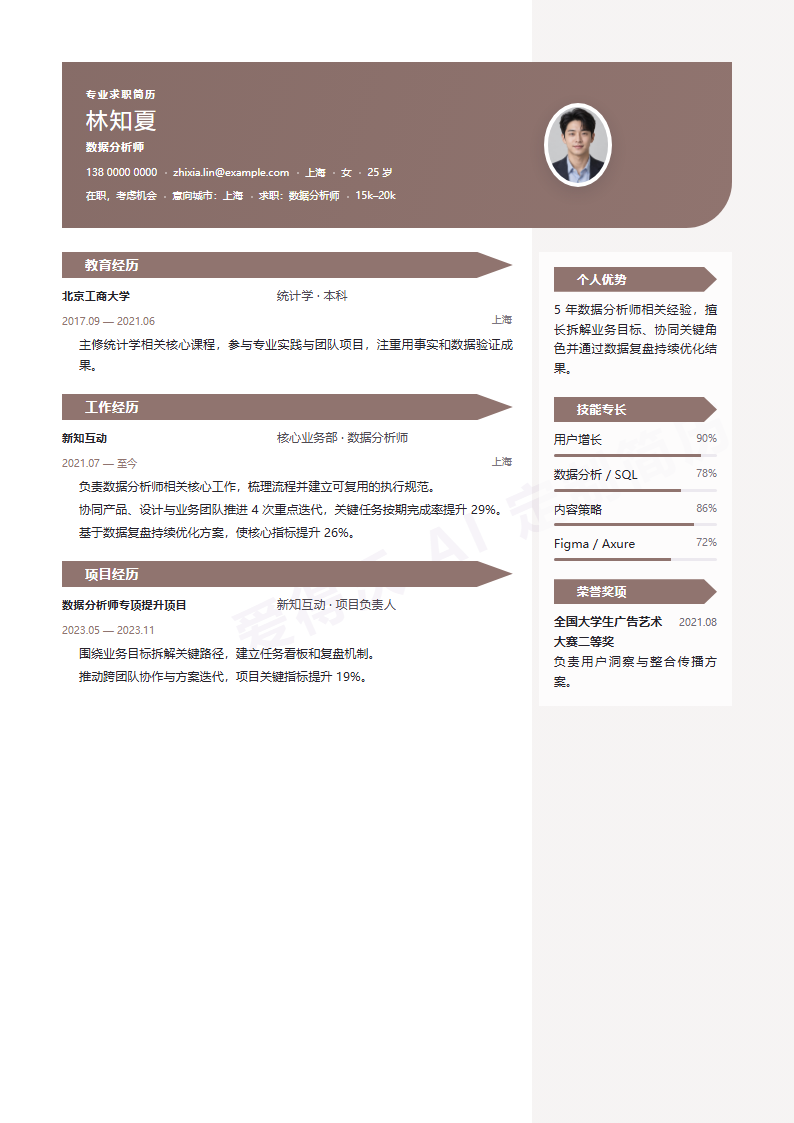 数据分析师 · 资深摩卡编辑部简历模板完整预览