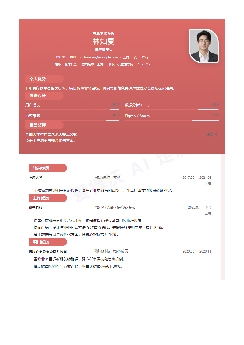 供应链专员 · 初级珊瑚侧轨简历模板完整预览