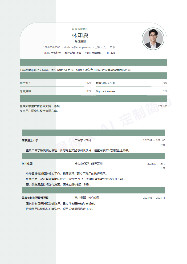 品牌策划 · 初级鼠尾草侧页简历模板完整预览