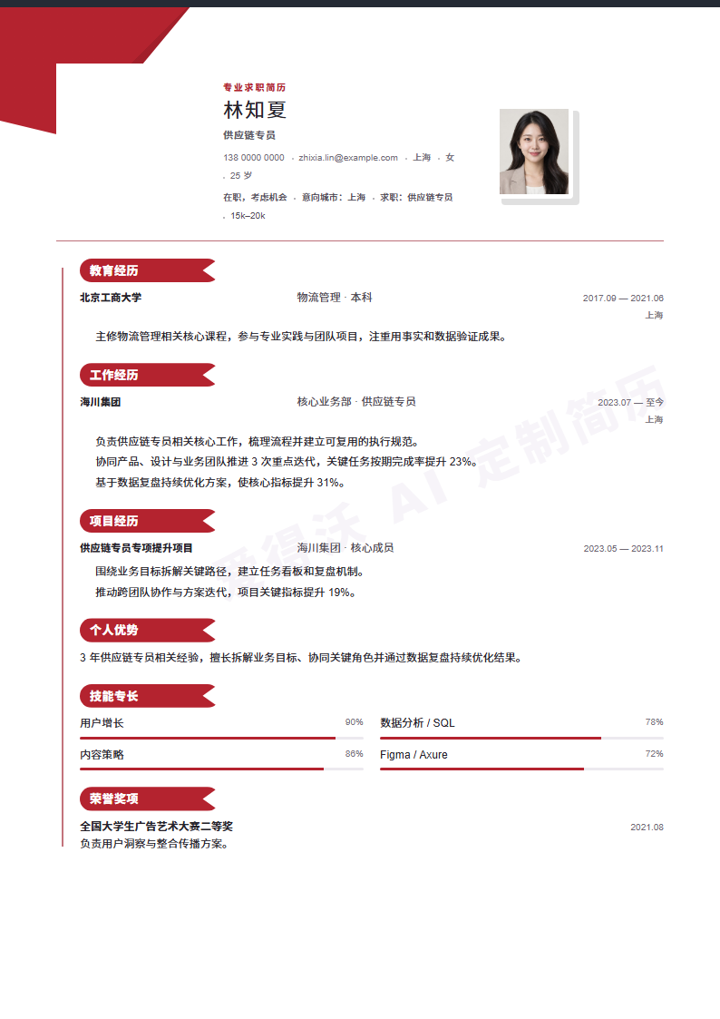 供应链专员红钻履历线简历模板完整预览