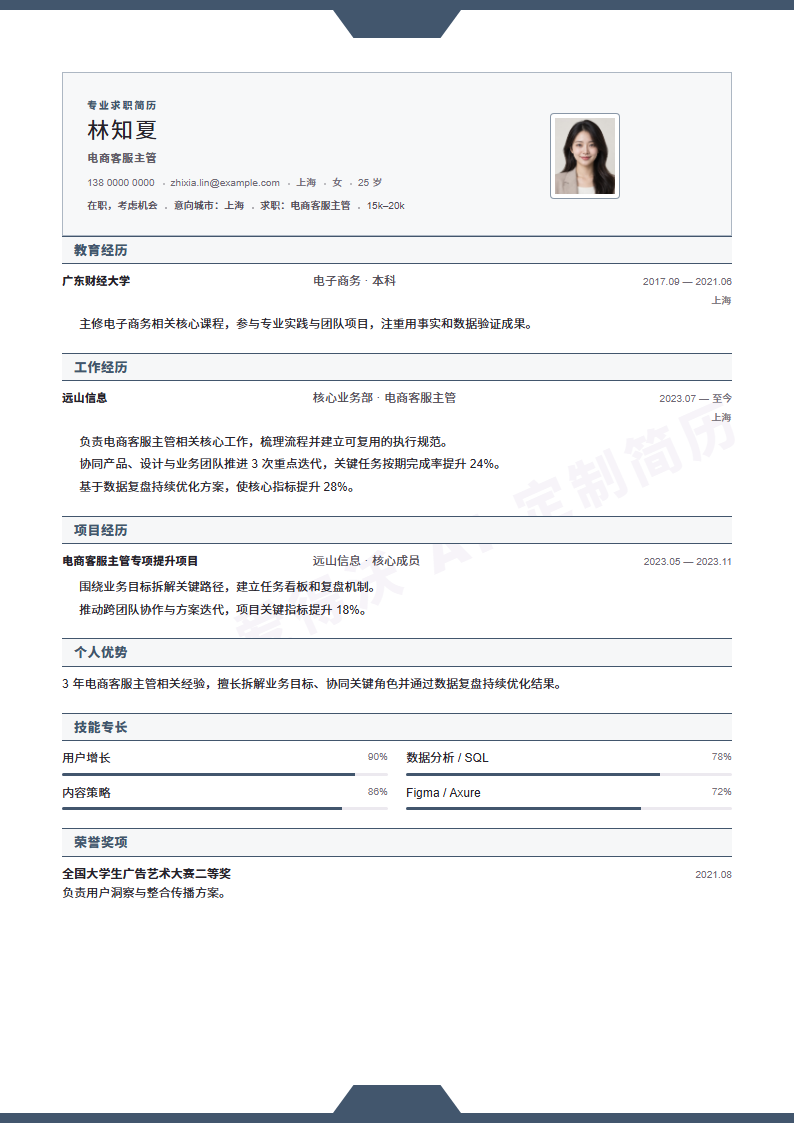 电商客服主管蓝灰护栏简历模板完整预览