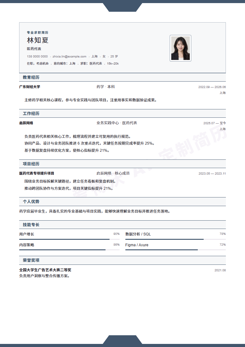 医药代表 · 校招蓝灰护栏简历模板完整预览