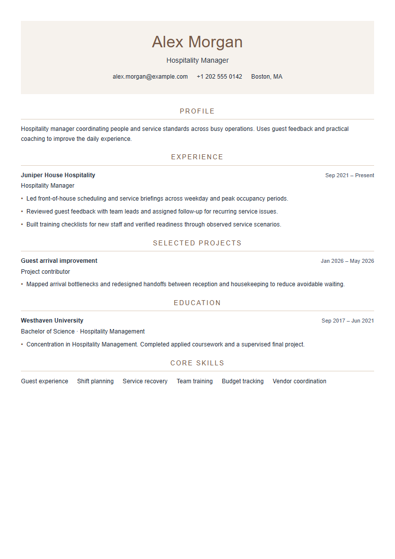 酒店运营经理 · 服务名片服务名片 · Hospitality简历模板完整预览
